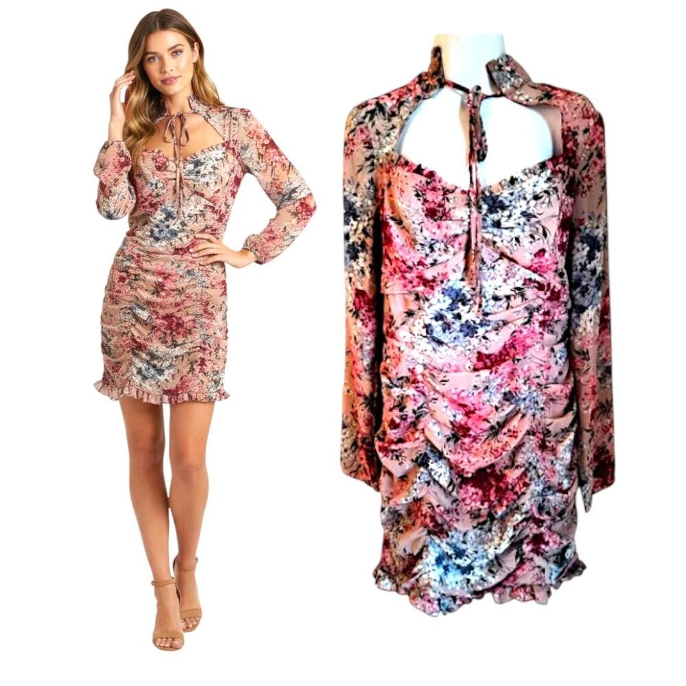 Pretty Little Thing Pink Floral Mini Dress Women's Sz 8 Long Sleeve Lined Ruched